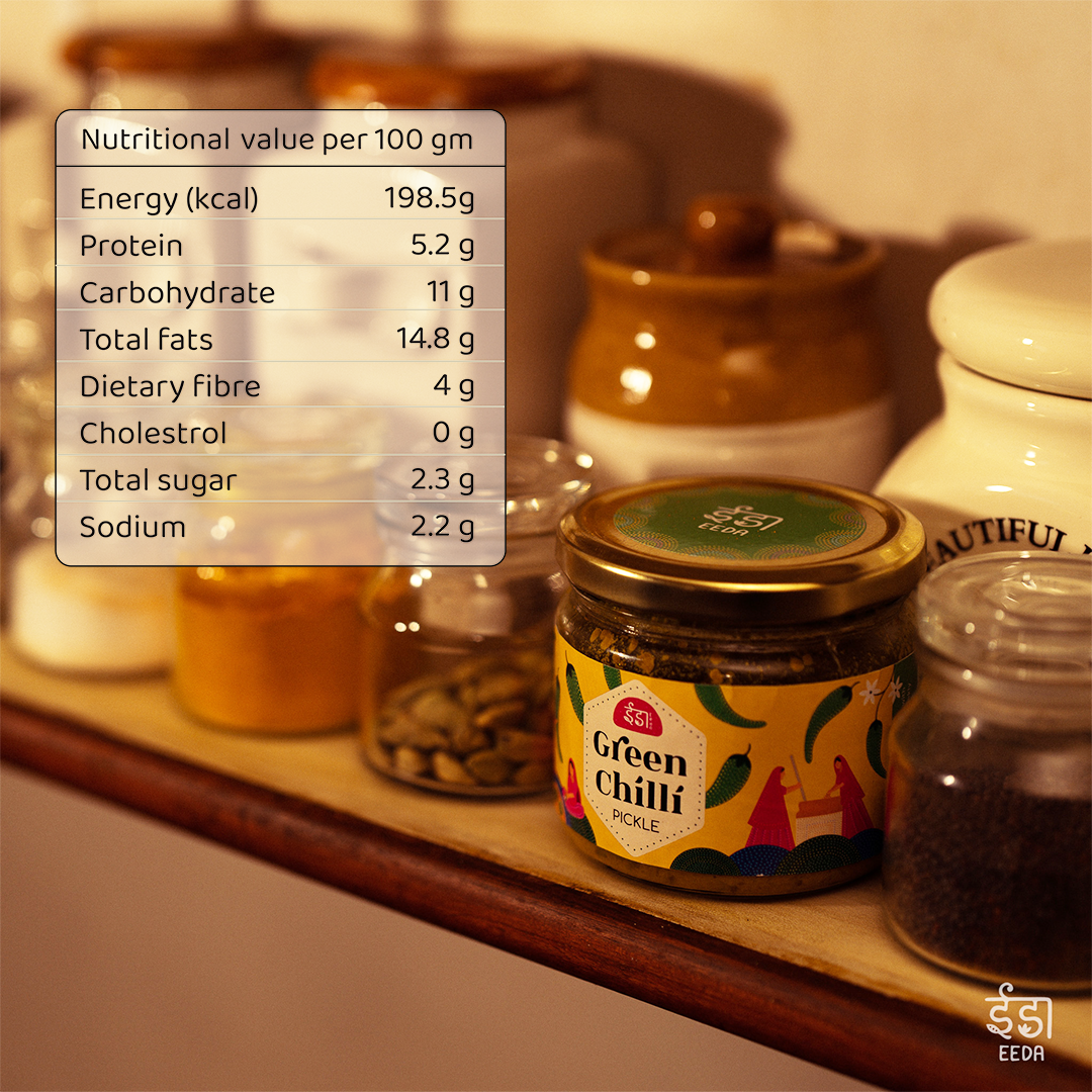 Hari Mirch Achar (green chilli pickle) label and nutrition information