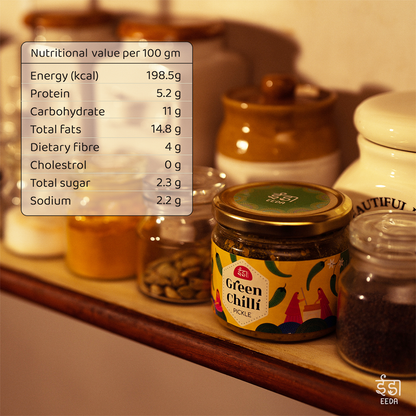 Hari Mirch Achar (green chilli pickle) label and nutrition information
